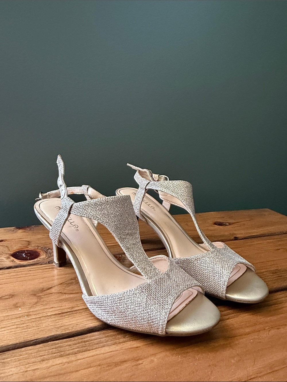 Sparkling Metallic T-Strap Heels in Gold